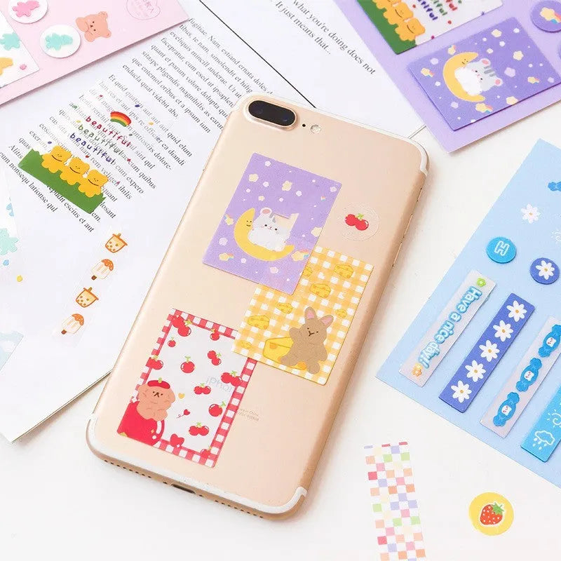 PVC index stickers measuring 15 by 50mm in twelve decorative styles and colours for study notes