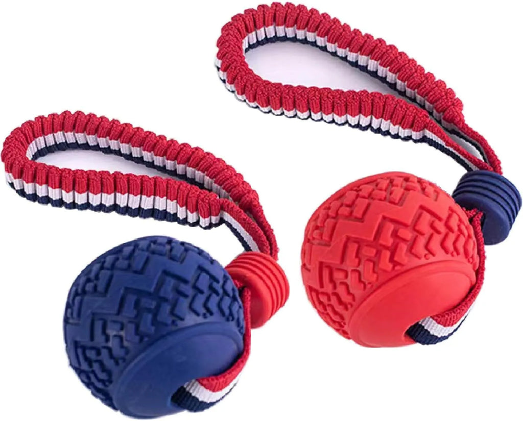 Blue or red natural rubber dog ball with rope toy for small and medium dogs featuring textured surface for teeth cleaning