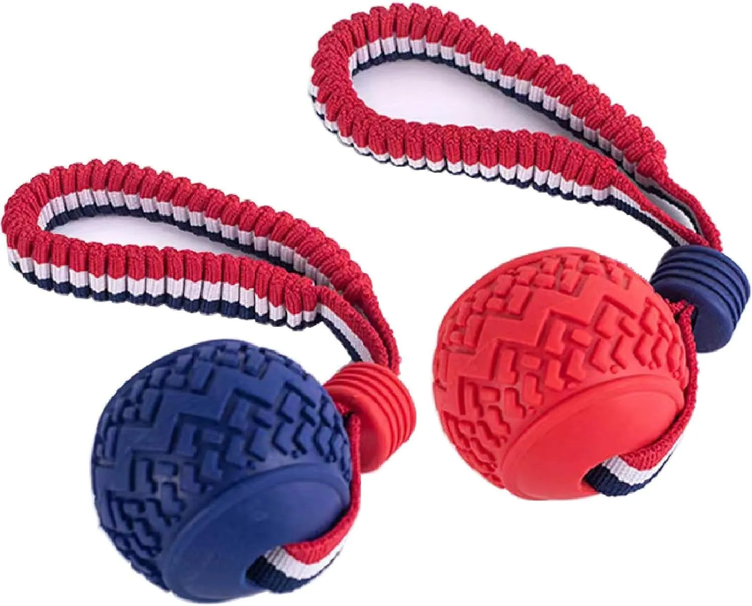 Blue or red natural rubber dog ball with rope toy for small and medium dogs featuring textured surface for teeth cleaning