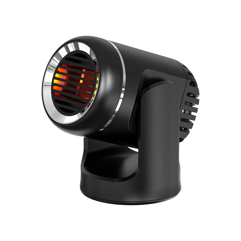 Black and white portable 12V car heater with dual cold/warm function for defrosting windscreens