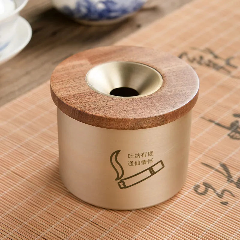 Creative retro brass ashtray with pure copper body and black or rosewood wooden lid featuring a central hole