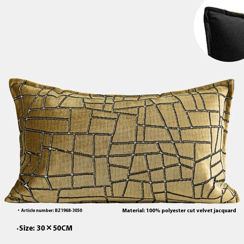 Tuhao gold geometric abstract pattern on a velvet square cushion cover and lumbar pillow.