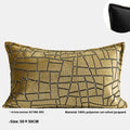 Tuhao gold geometric abstract pattern on a velvet square cushion cover and lumbar pillow.
