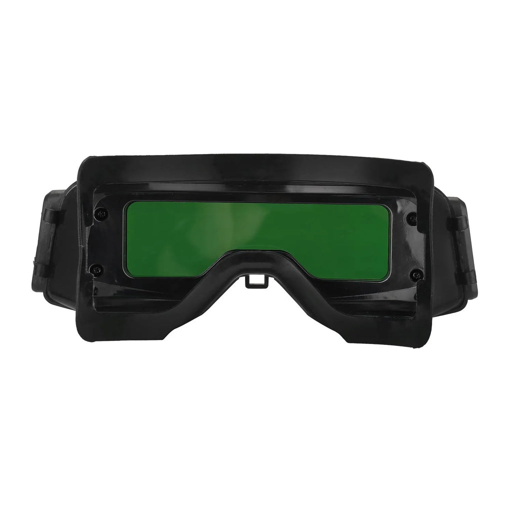 Black automatic darkening welding mask with large viewing window and adjustable controls