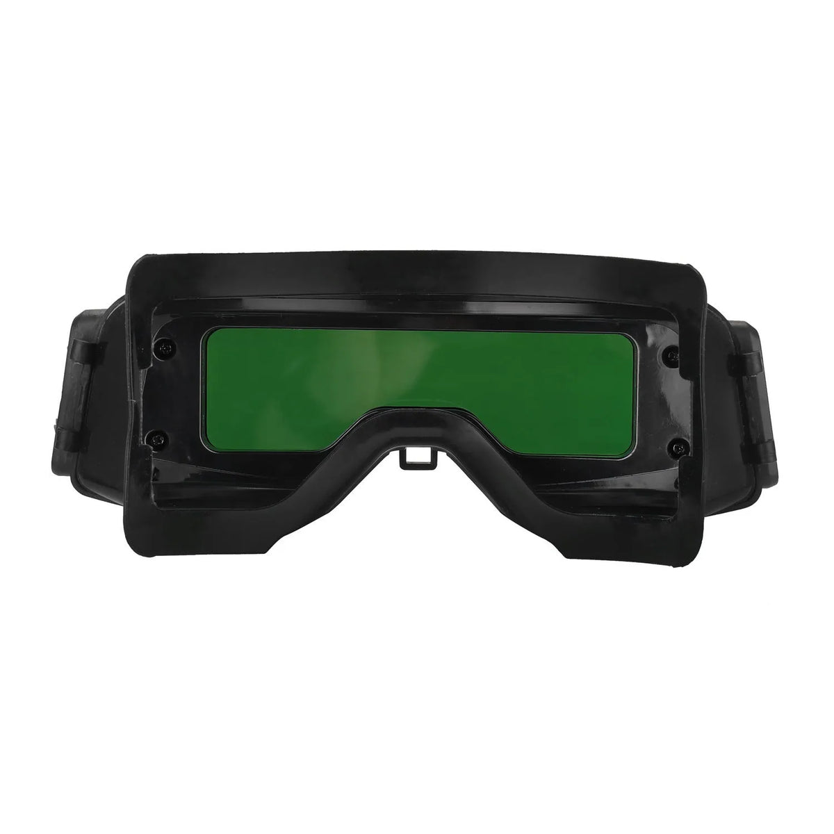 Black automatic darkening welding mask with large viewing window and adjustable controls