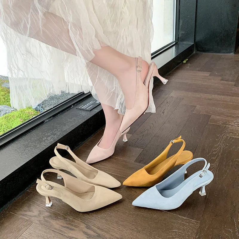 Women's pointed toe stiletto high heels in suede, shown in apricot colour on a light background.