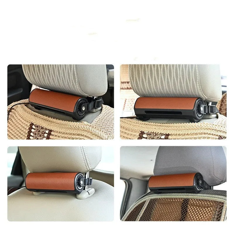 Black bladeless car ventilation fan with USB cable, showing compact design and control keys.