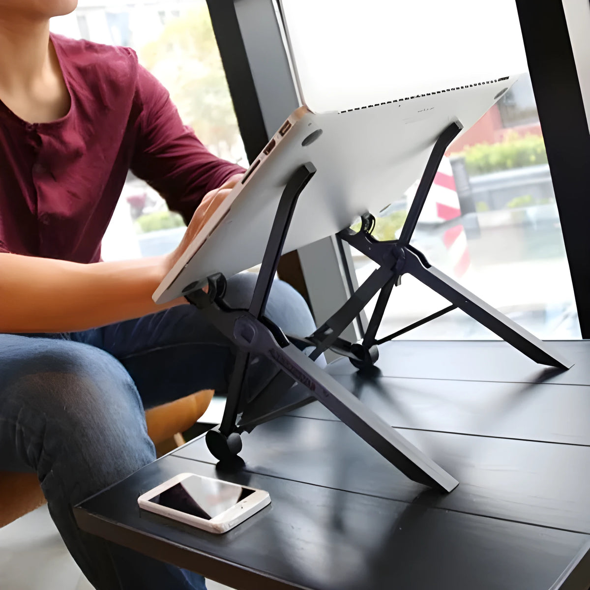 Portable folding laptop stand in sagacious black with enhanced nylon components and carrying case