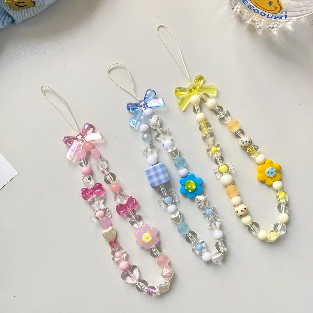 Colourful plastic resin beaded flower mobile phone lanyard with floral designs