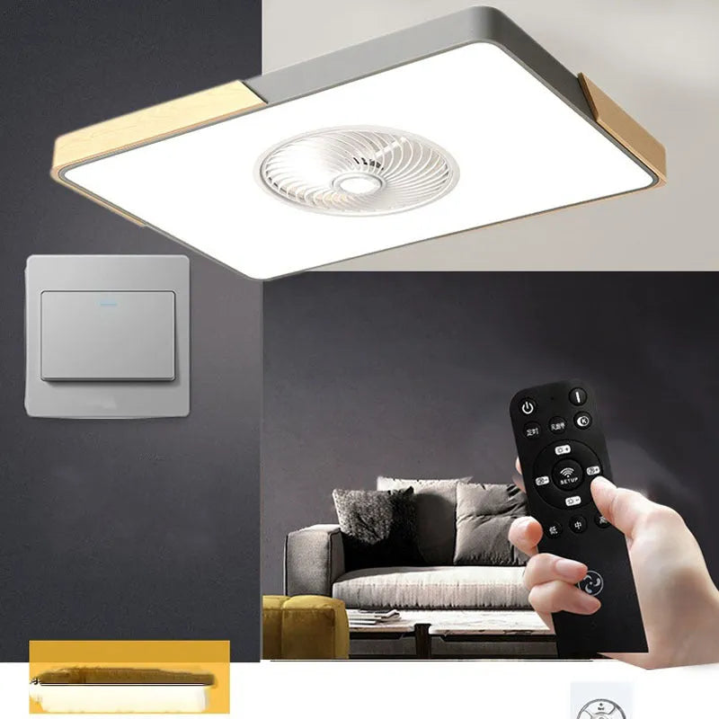 Nordic ceiling fan light with solid wood frame and white PVC lampshade, shown in rectangular, round, and square shapes.