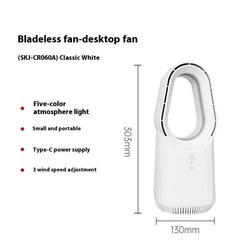 White bladeless tower floor fan with remote control on a wooden desk.