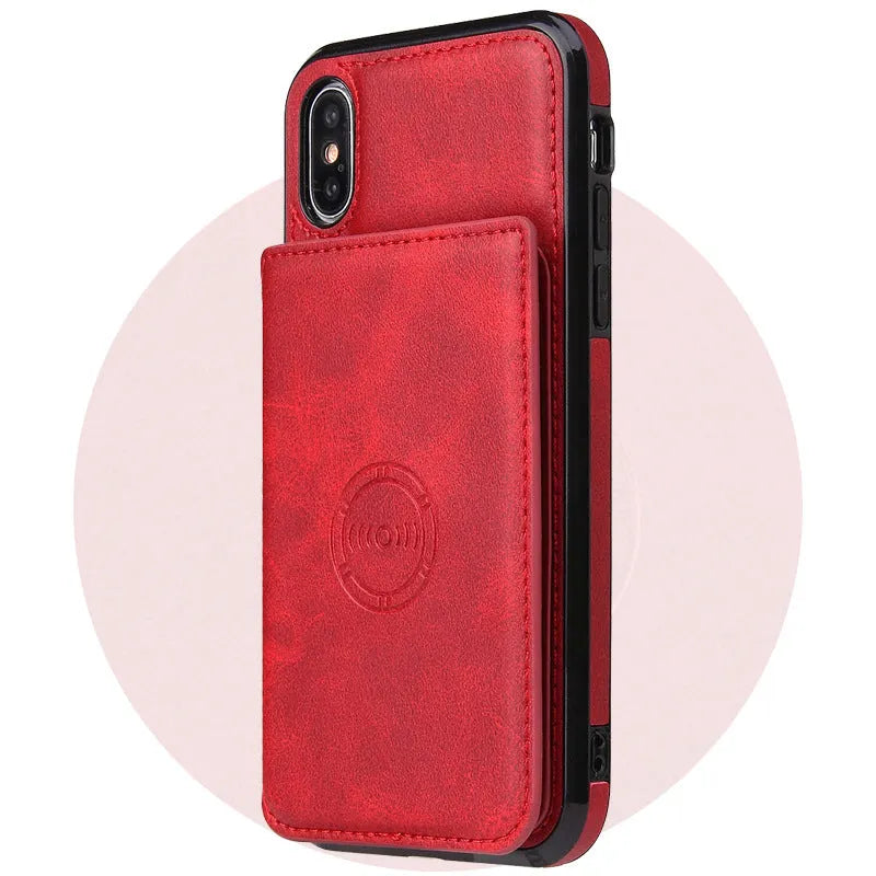 Solid colour imitation leather card wallet phone case for iPhone shown in multiple colour options.