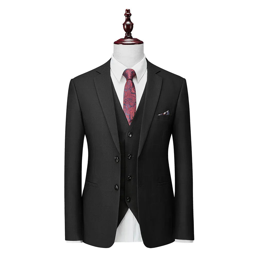 Men's navy blue slim fit plaid three-piece suit with jacket, vest, and trousers on a hanger.