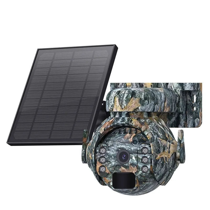Outdoor solar security camera with camouflage finish showing integrated solar panel and lens