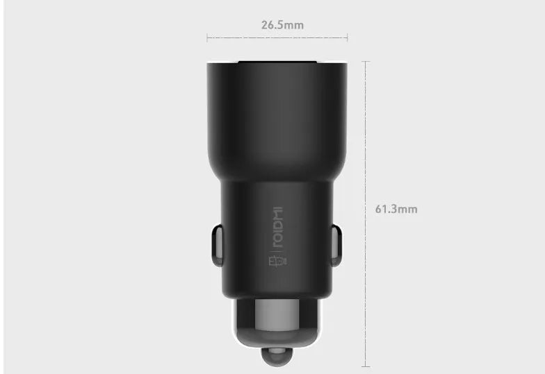 Ruimi 3S black Bluetooth car charger with dual USB ports showing 26.5mm compact dimensions