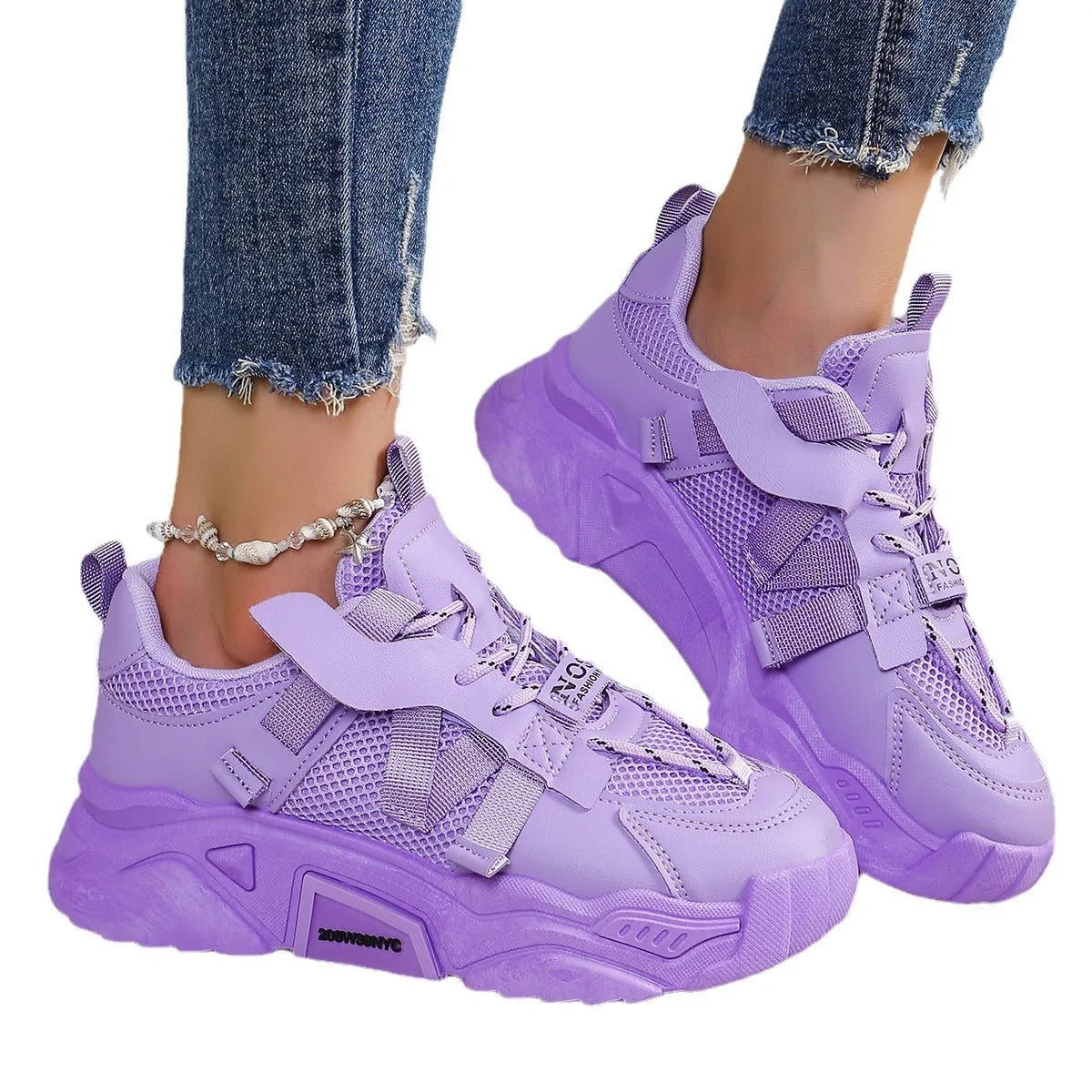 Women's purple platform mesh dad shoes with animal print pattern and lace-up front