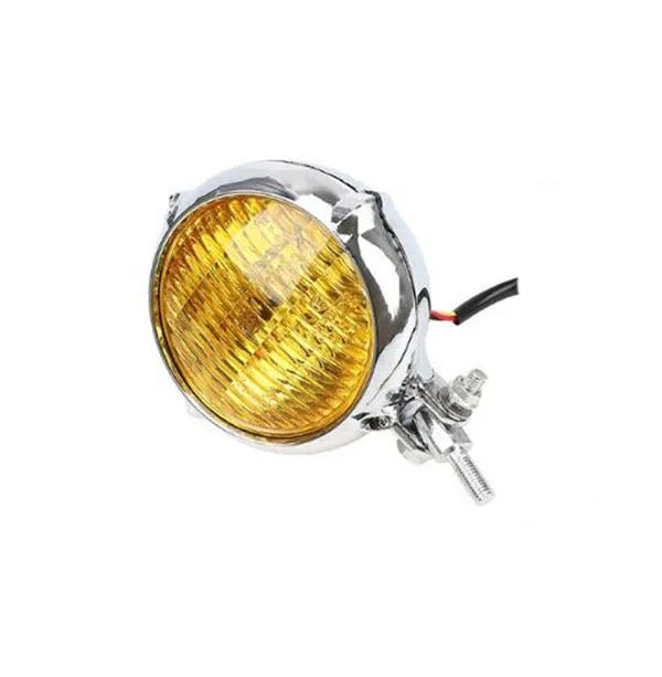 Black electroplated aluminium motorcycle headlight with halogen bulb for classic custom bike builds.