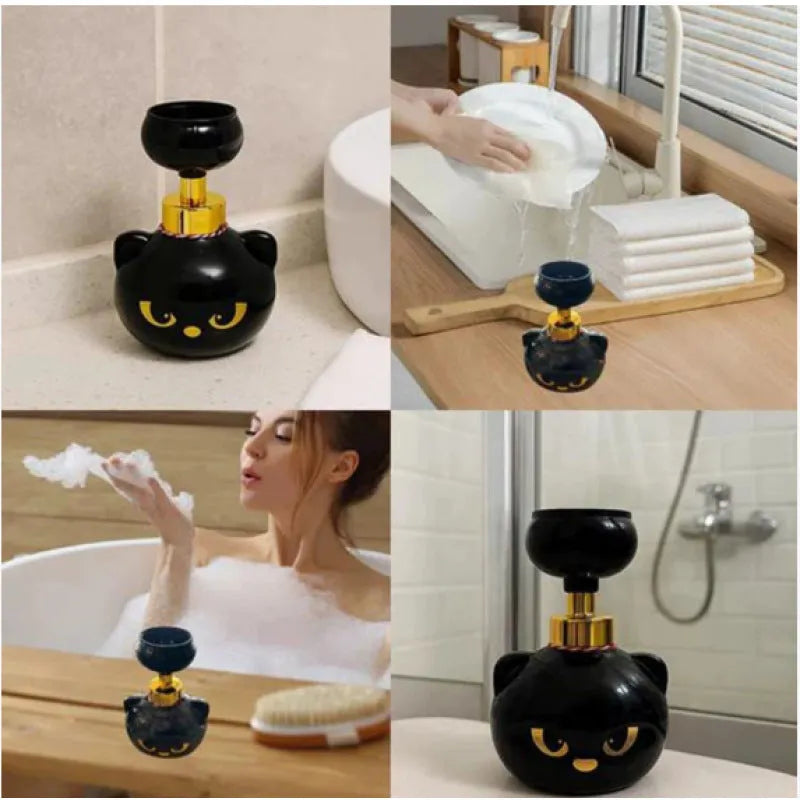Black cartoon cat shaped plastic foam soap dispenser on bathroom counter