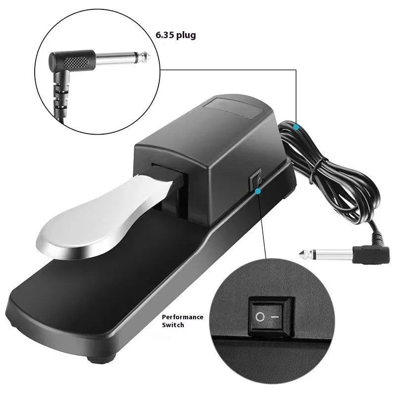 Universal electronic keyboard single leg sustain pedal made from black ABS plastic with non-slip rubber base