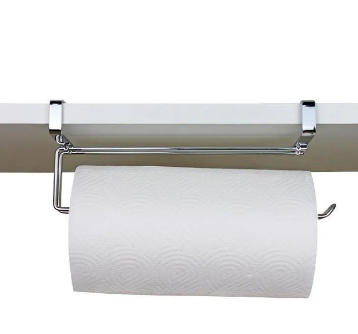 Silver stainless steel cabinet door back hanging paper towel rack showing dimensions