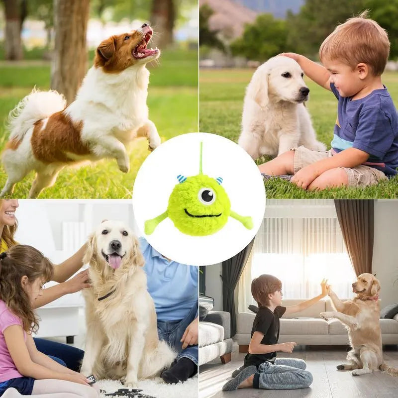 Green interactive dog ball toy with sound activation for teething puppies