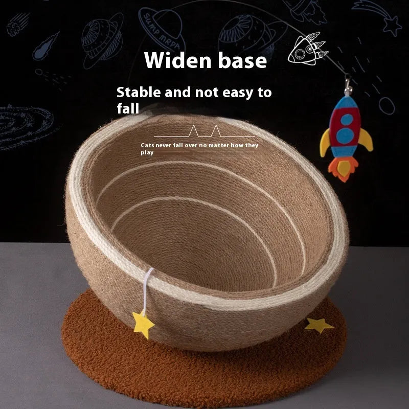 Large integrated cat scratching basin with sisal rope scratching surface and flannel-lined sleeping nest in starlight pattern