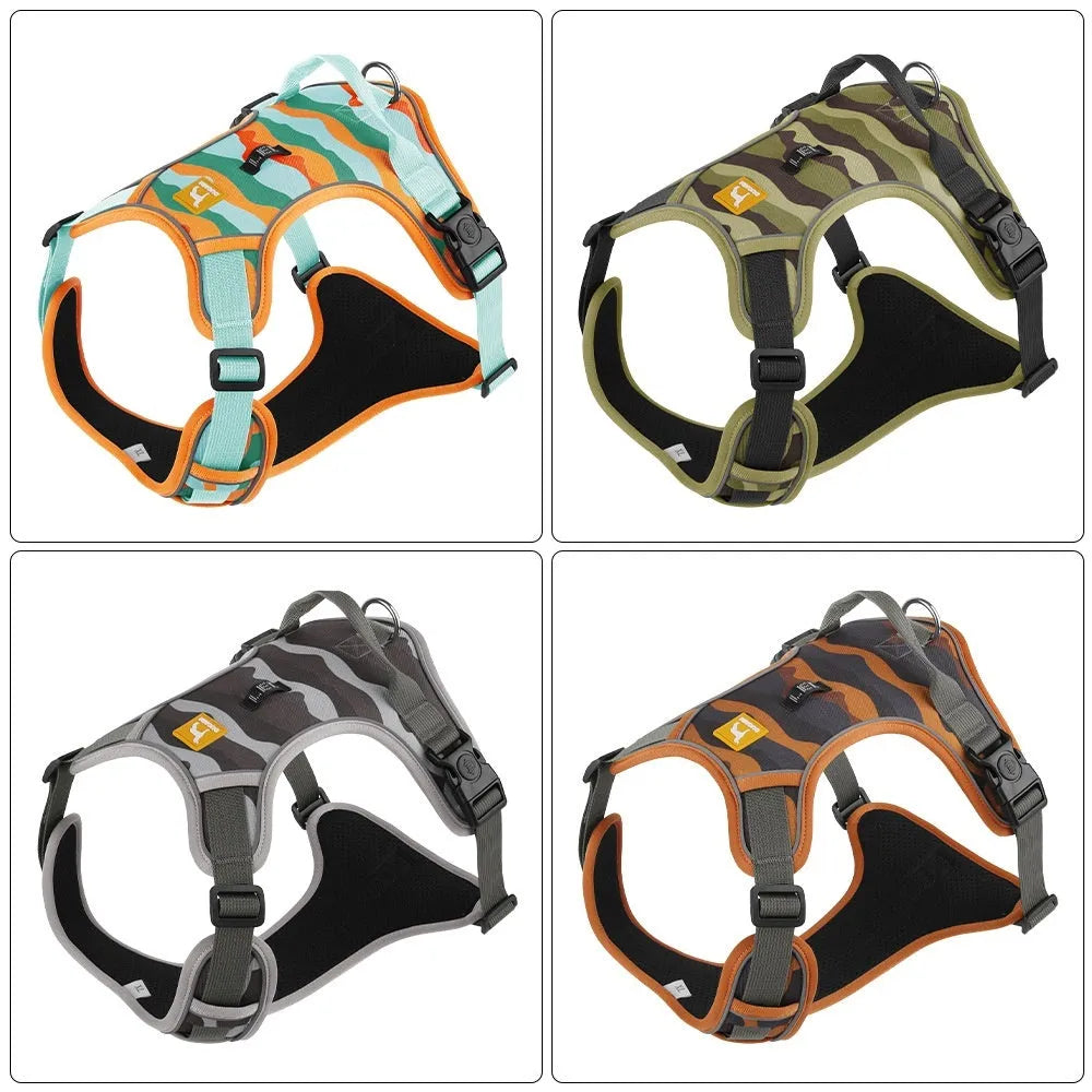 Reflective dog harness with hand holding rope in orange, army green, gray, or chocolate colours