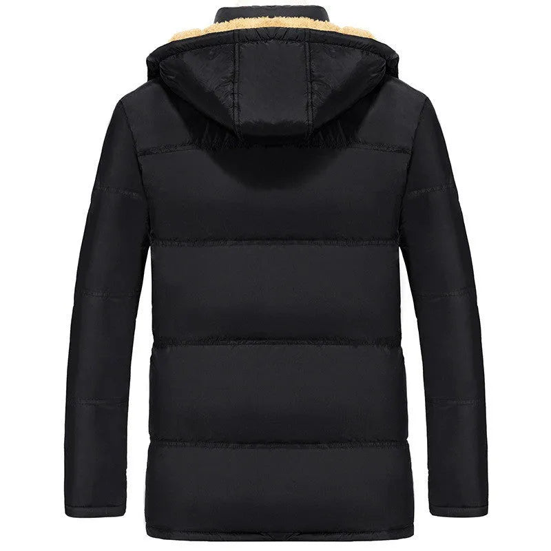 Men's black hooded winter jacket with a double-breasted front and velvet lining.