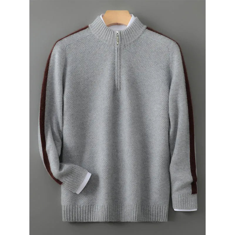 Men's slim fit sheep wool half-zip knitted sweater in Raw Velvet Camel, Pea Green, Gray, and Chinese Red colors
