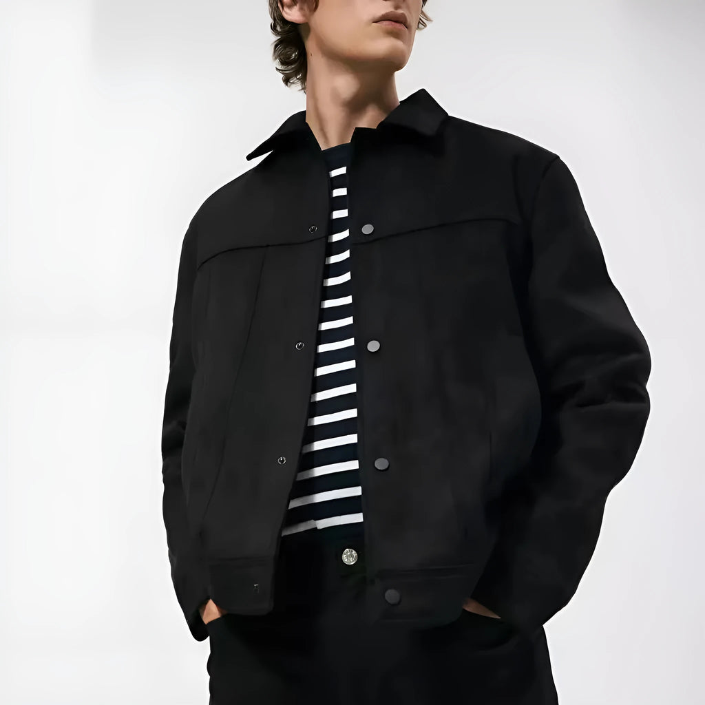 Men's black hooded jacket with suede collar showing side pockets and straight hem