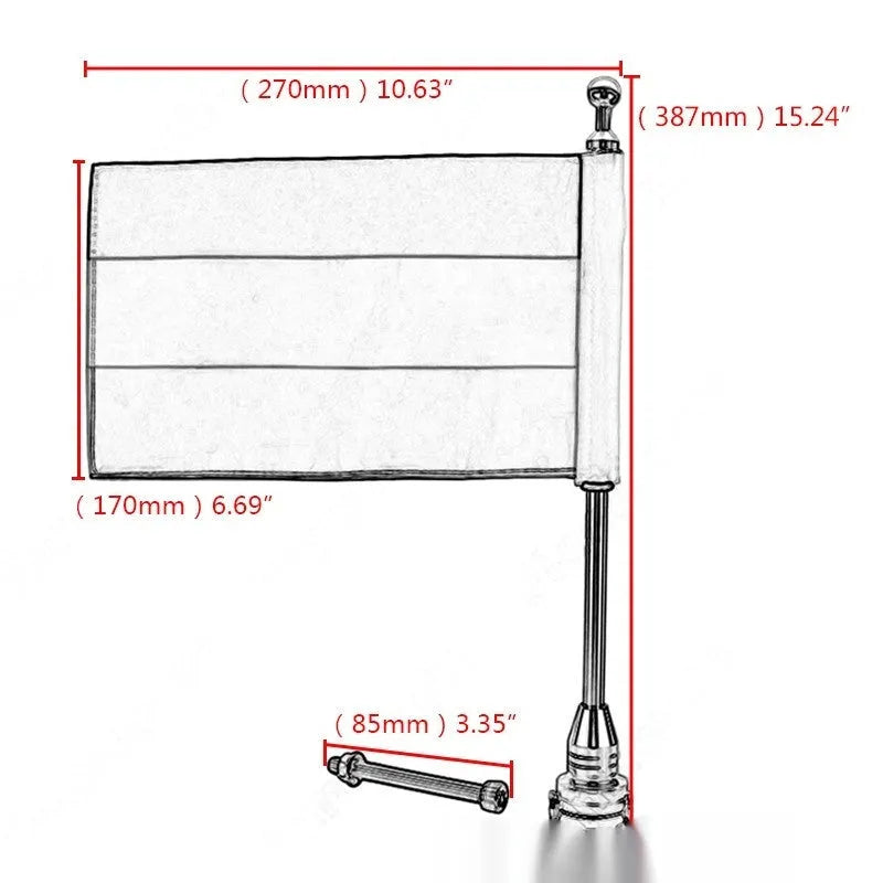 Silver electroplated metal flagpole for caravan side box or luggage rack mounting