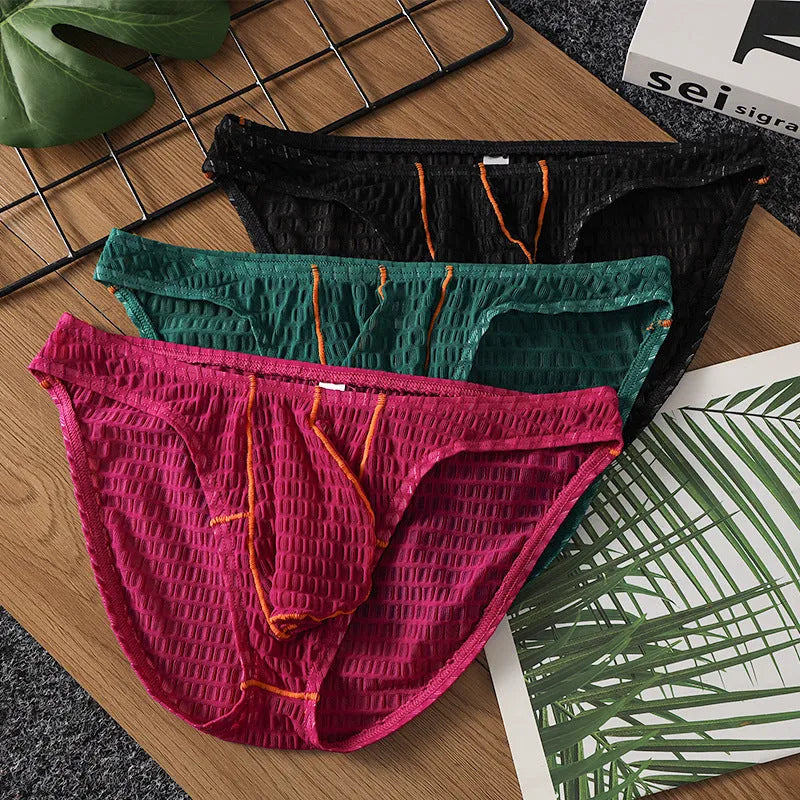 Men's low waist ice silk lace briefs in white, black, green, rose red, and light purple colours.