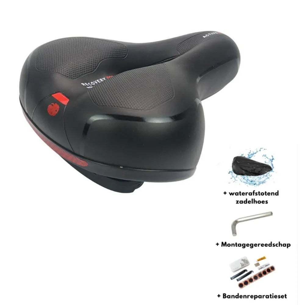 Thick soft silicone bicycle saddle with steel springs, PU leather cover, waterproof cover, wrench, and tyre patch kit.