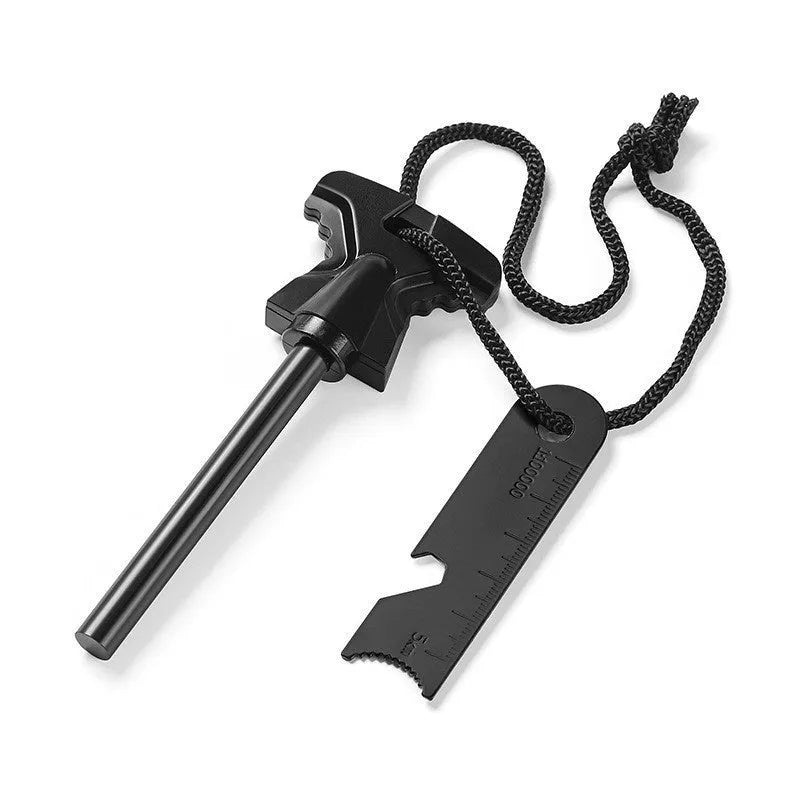 Stainless steel butterfly-shaped point firestone survival tool with bottle opener, shown with large and small size options.