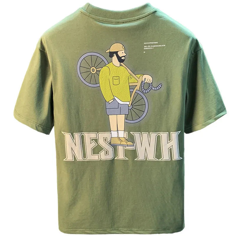 Green loose fit men's short sleeve t-shirt with a printed design on the front.