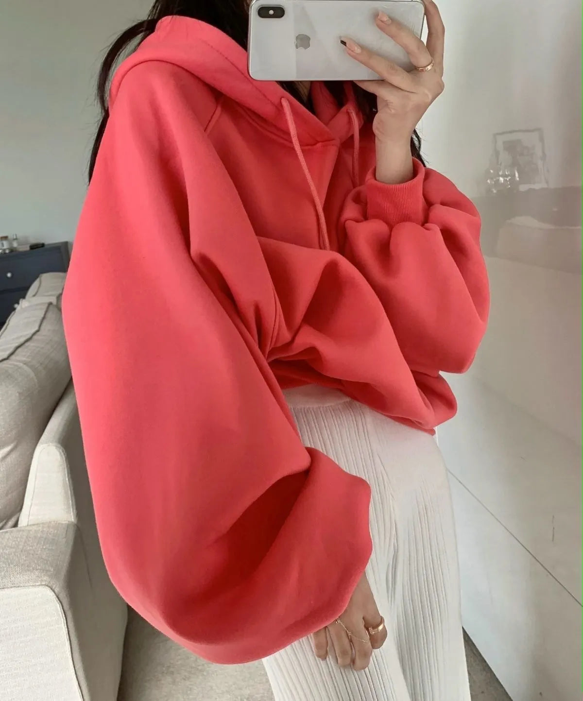 Women's watermelon red mulberry silk hooded sweater with sleeveless loose pullover design