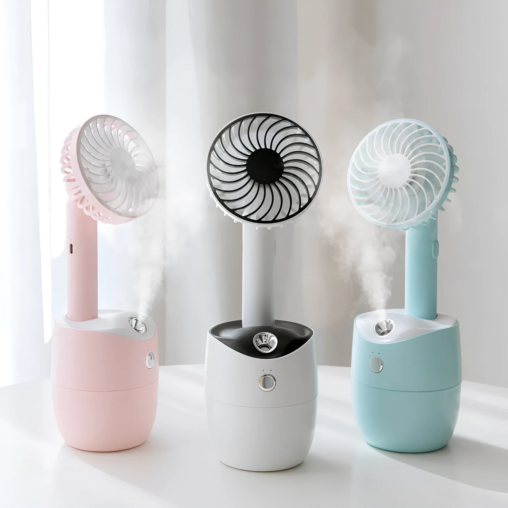 USB mini humidifier fan in blue, 2000mAh, 300ml tank, three speed settings, portable design