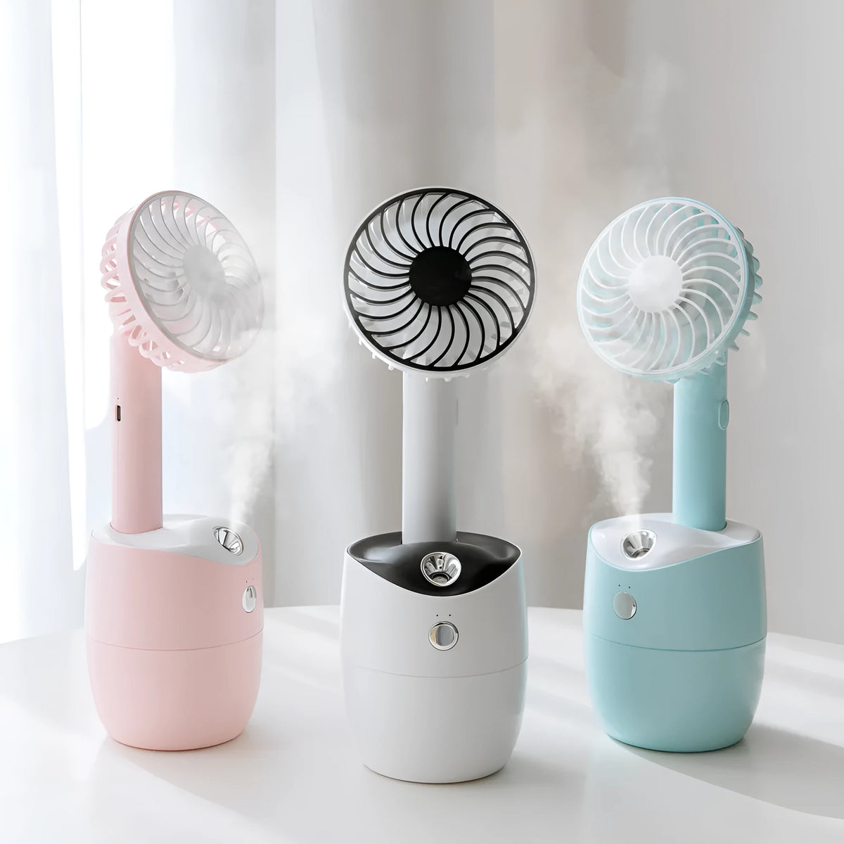 USB mini humidifier fan in blue, 2000mAh, 300ml tank, three speed settings, portable design