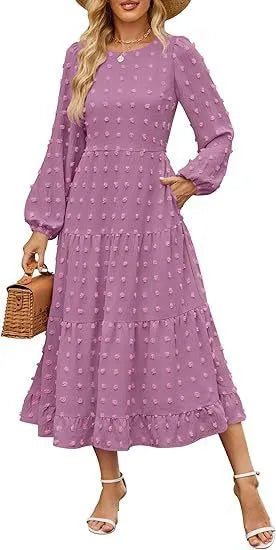Women's long sleeve high waist casual dress in solid colour with ruffled sleeves.