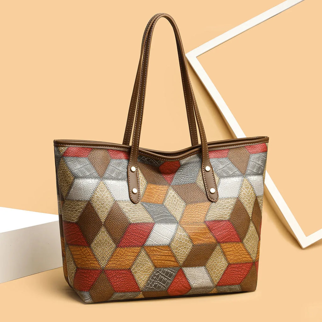 Women's blue brown PVC shoulder handbag with sandwich pockets and large capacity