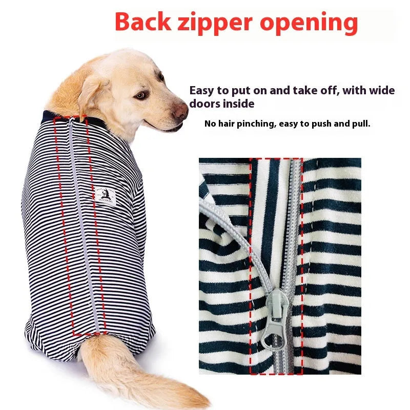 Striped four-legged dog shirt on a mannequin showing sky blue, black dark blue stripe, and brown colour options.