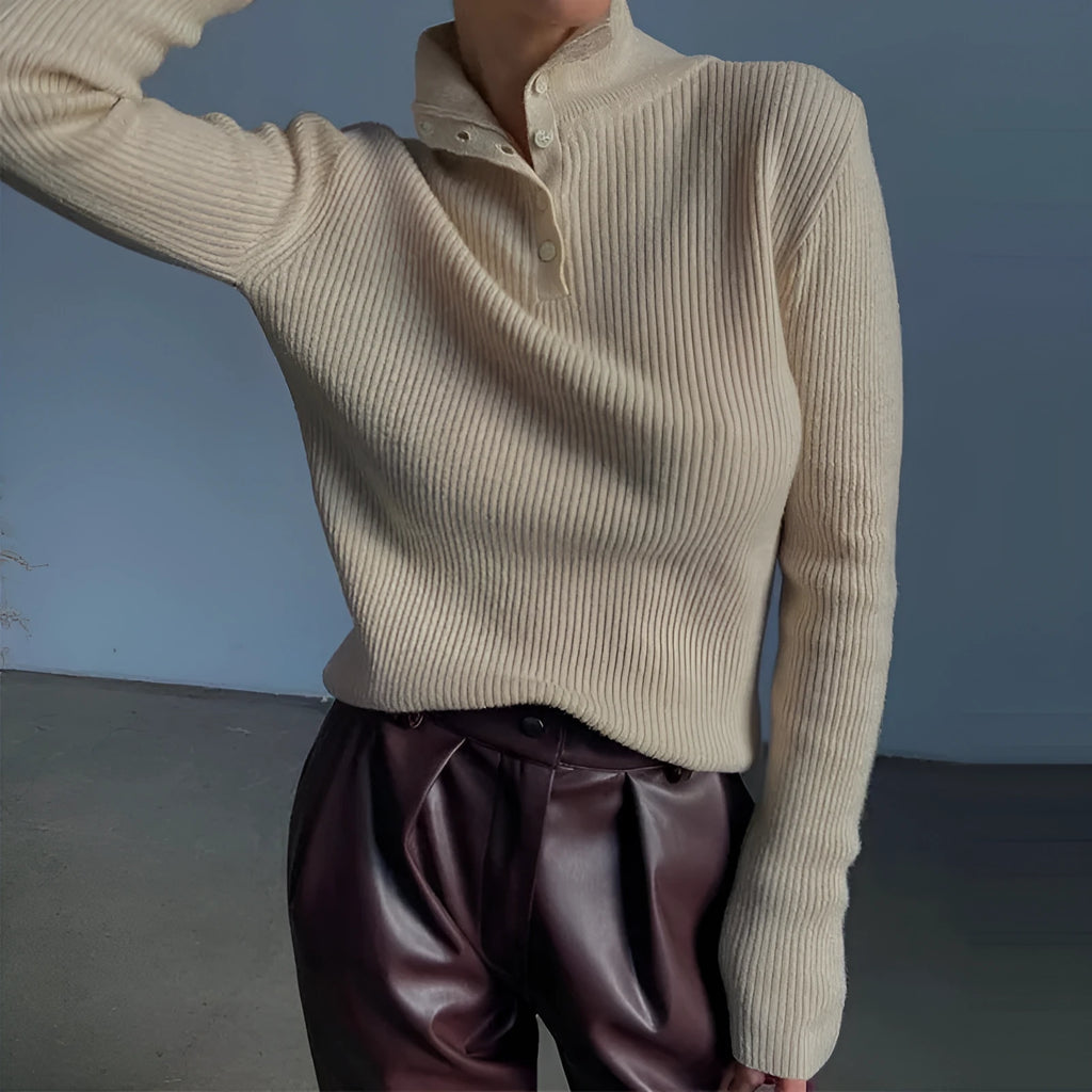 Women's silver grey slim fit half turtleneck pullover sweater with a single-breasted placket.