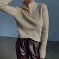 Women's silver grey slim fit half turtleneck pullover sweater with a single-breasted placket.
