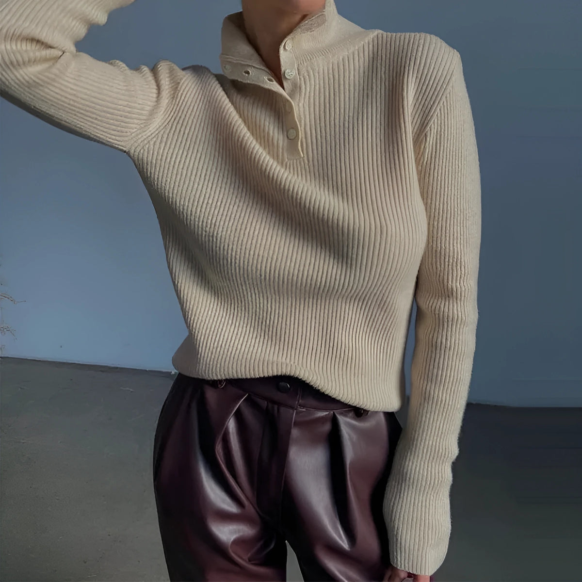 Women's silver grey slim fit half turtleneck pullover sweater with a single-breasted placket.