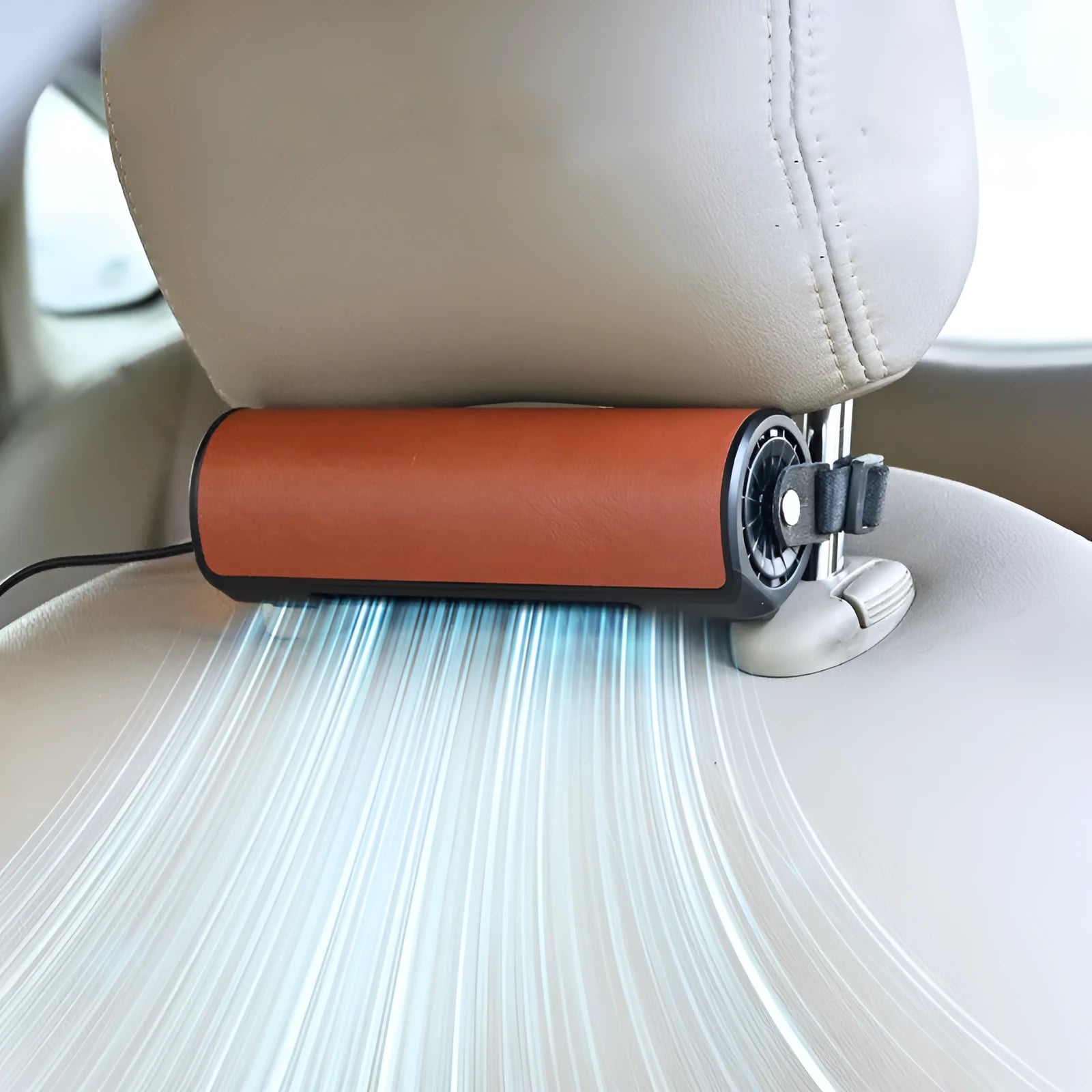 USB-powered black car-mounted rear seat fan with 1.5 metre cable on vehicle parcel shelf
