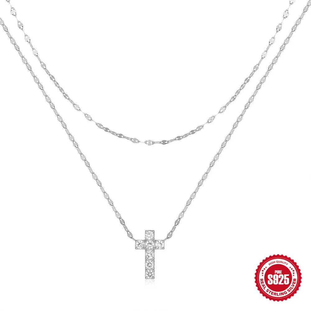 S925 sterling silver necklace with double layer twin diamond cross pendant on clavicle chain