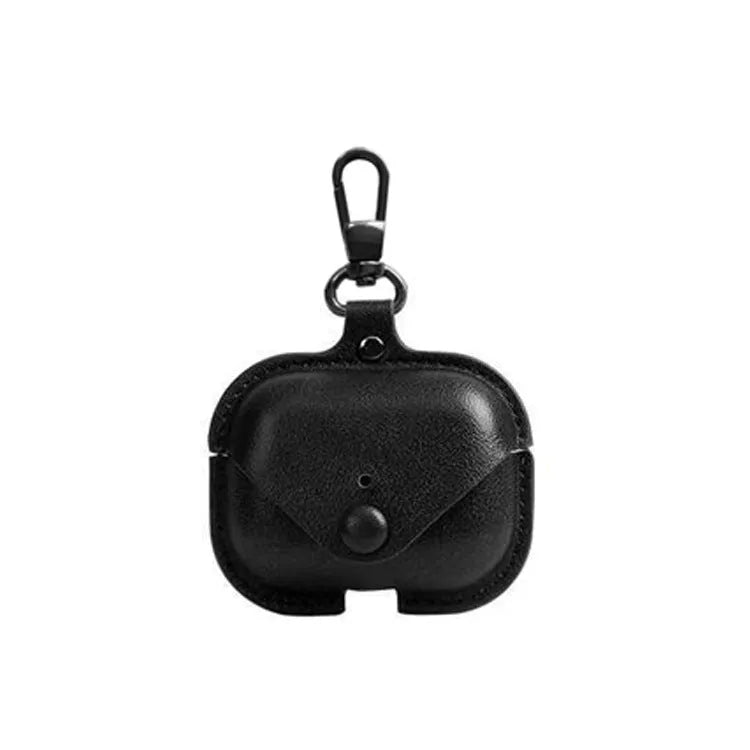 Black PU leather AirPods Pro protective case holster showing car line stitching detail.