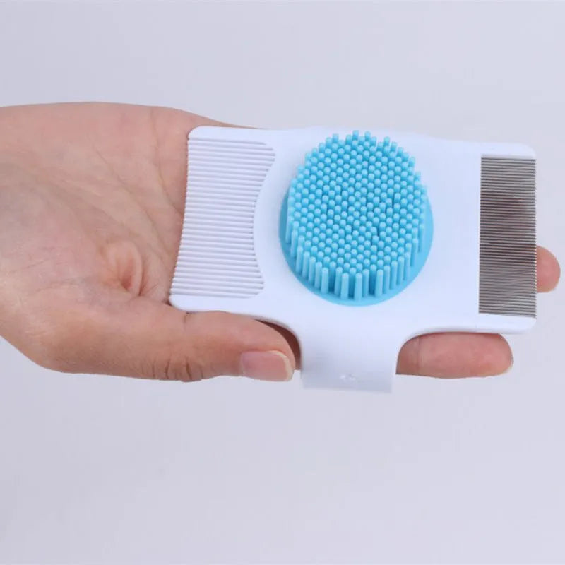 Blue and green multifunctional pet comb dog grooming tool with floating hair removal, massage and flea removal functions