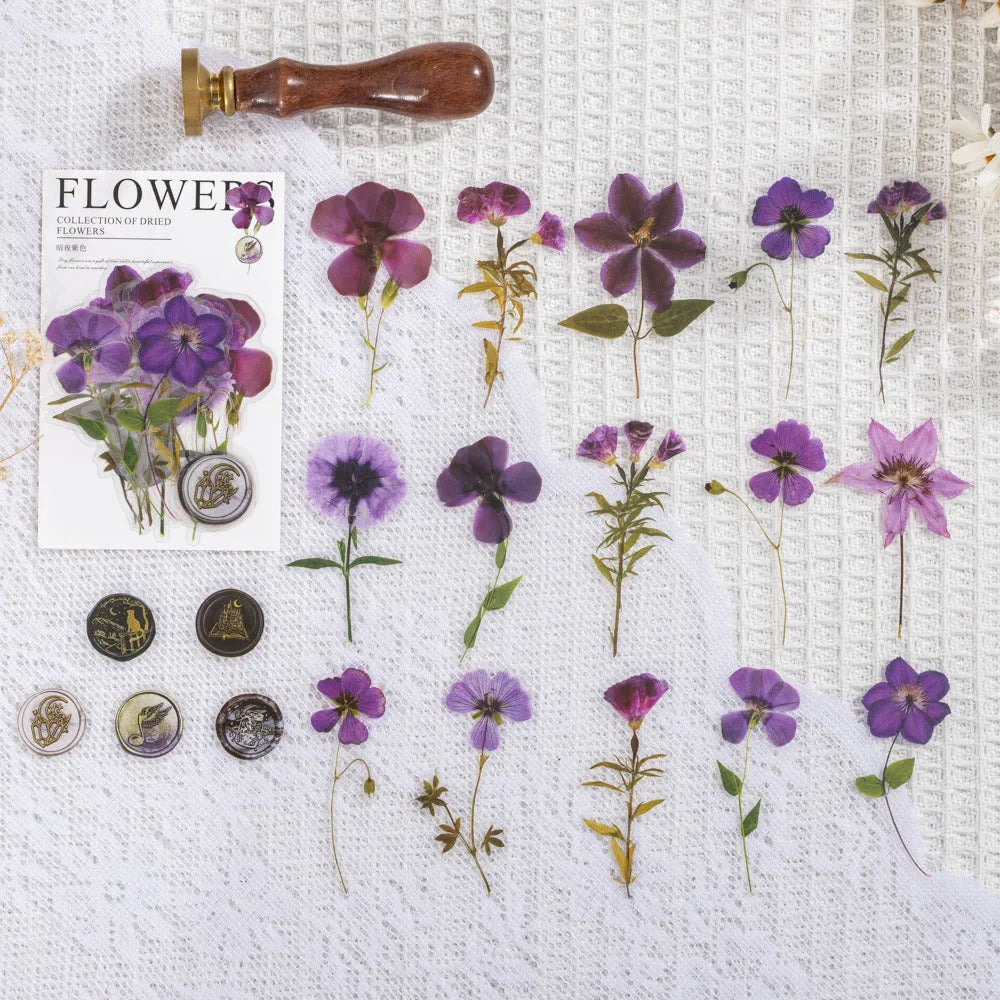 Eight styles of dried flower journal stickers in Dark Night Purple, rose nebula and other colours at 70mm size