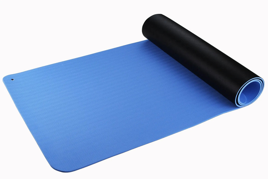 Blue conductive yoga mat with plants pattern, showing grounding wire and 182cm x 61cm x 5mm dimensions.